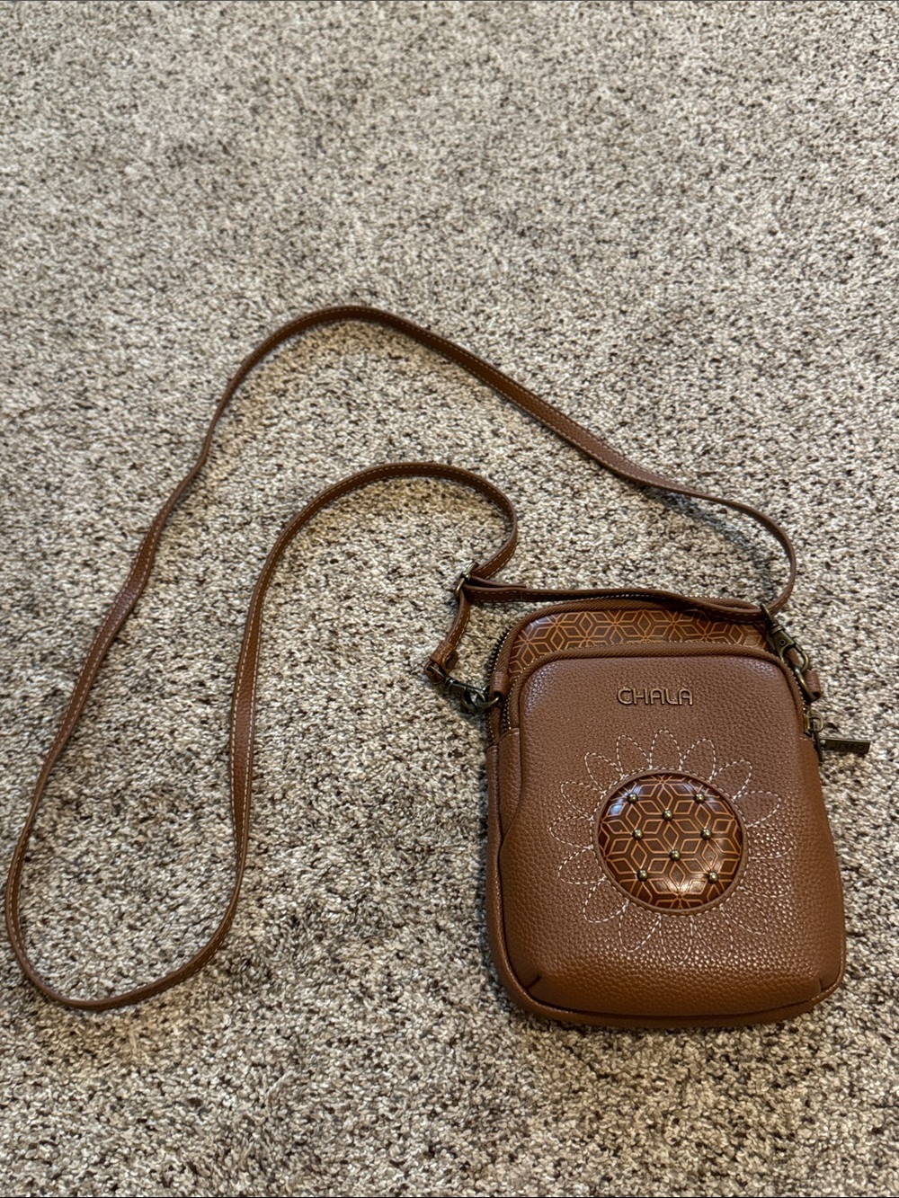 Chala Women’s Brown Sun Flower Embossed Crossbody Hand Bag